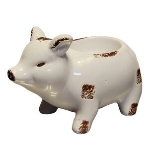 Pig Tealight Candle Holder White Brown 5.5" Ceramic Farmhouse Country Home Decor